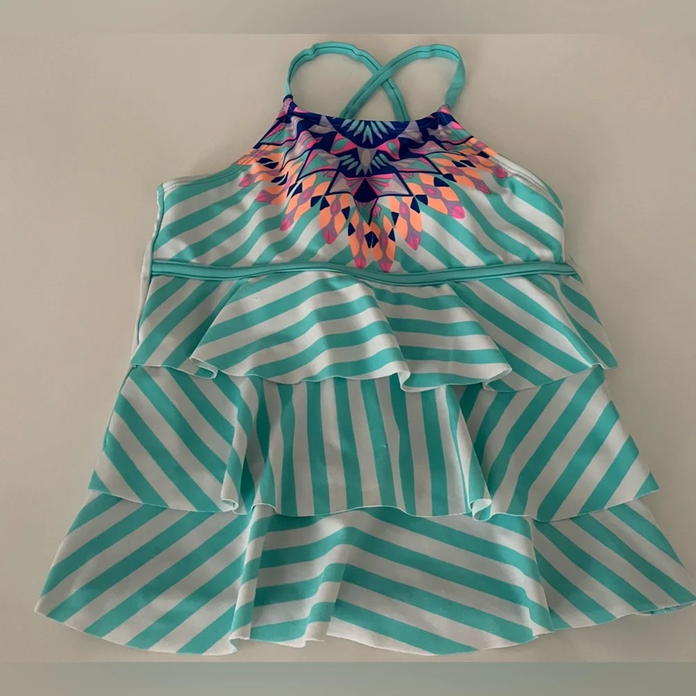 Justice Navy Turquoise & White Tankini Top Tiered Girl's Size:10
